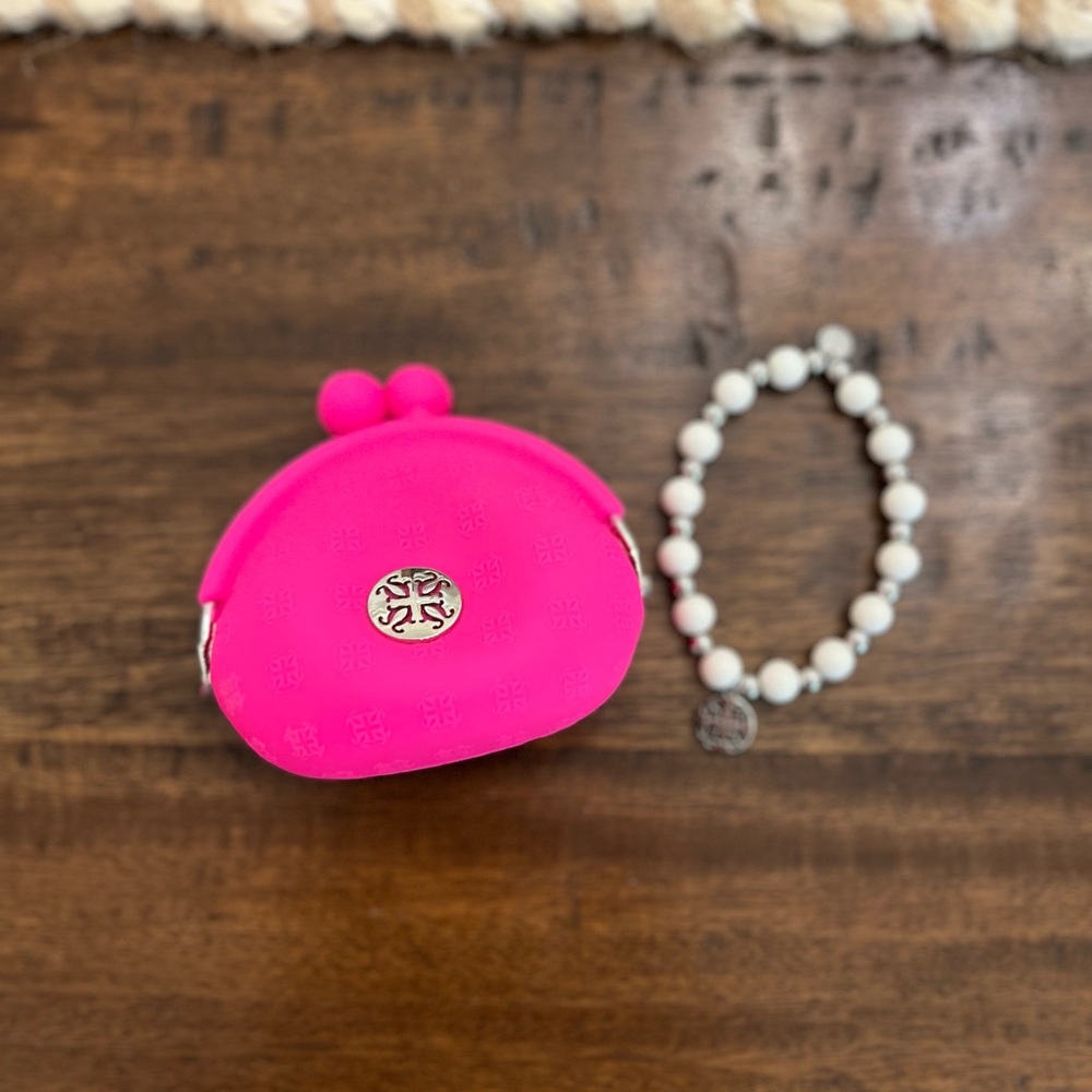 Rustic Cuff Pink Coin Purse and RC Bracelet with silver beads and charm